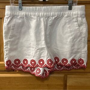 J. Crew Women’s Elastic Pull-On Linen Blend Shorts White w/Red Embroidery Size M